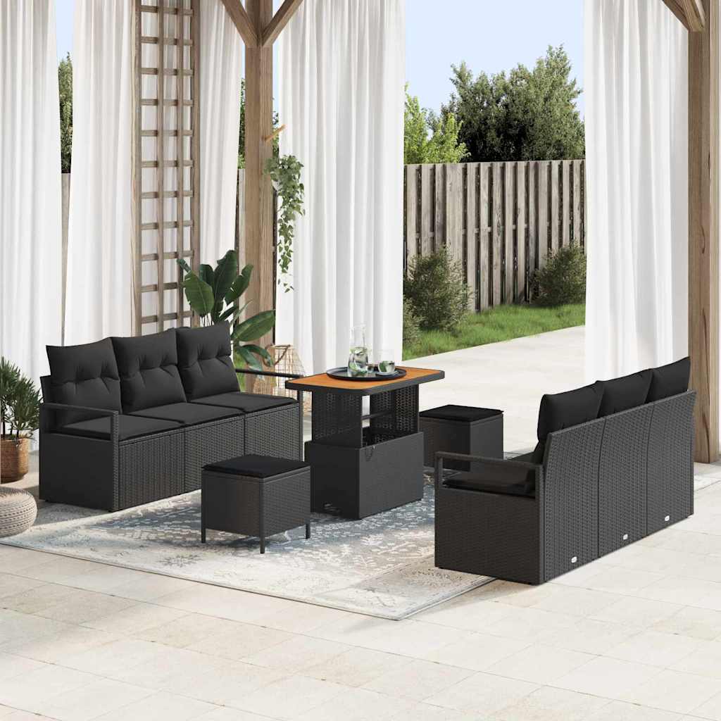 Sjedeća garnitura za vrt 9 kom. Crna poliratan 175 x 62 x 85 cm
