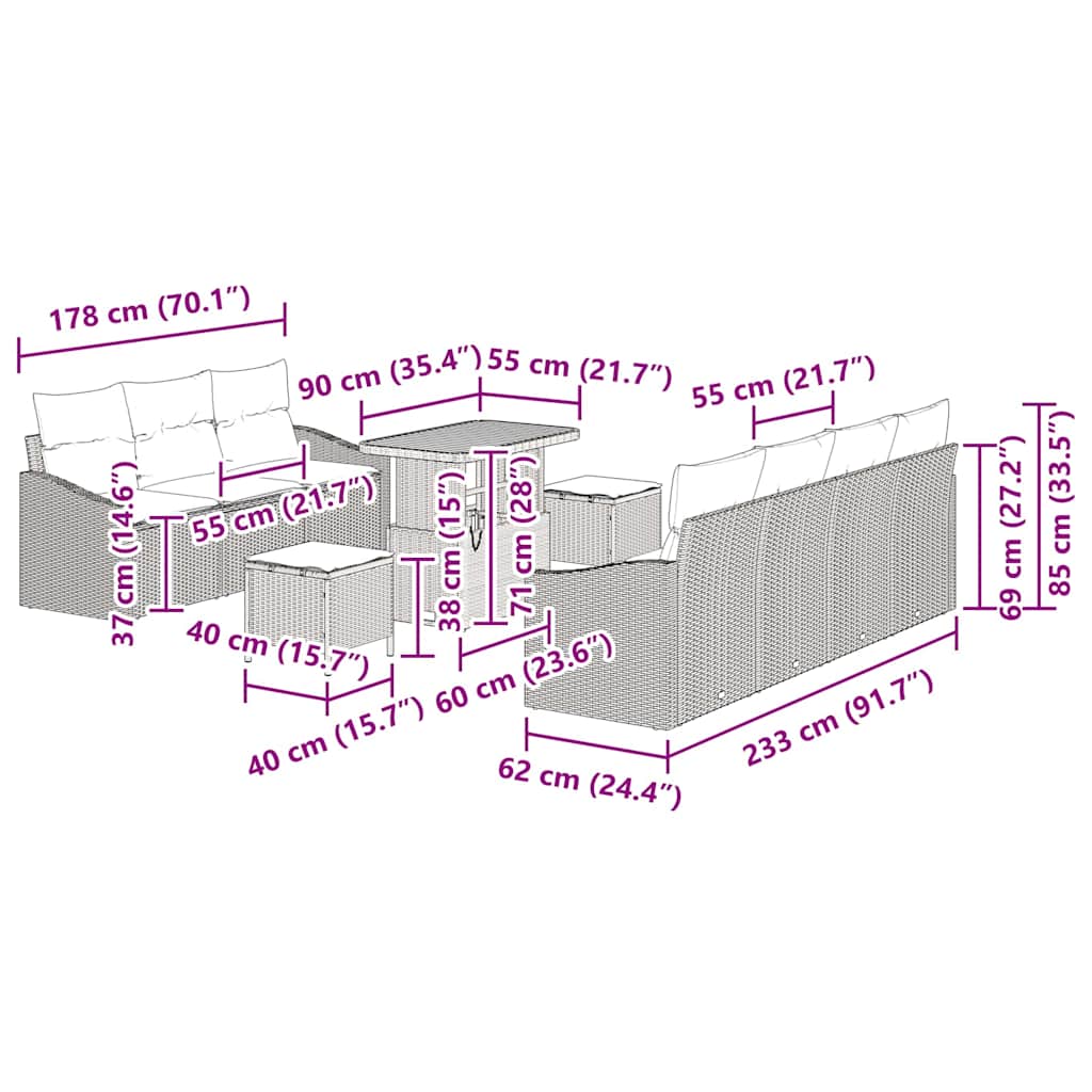 Sjedeća garnitura za vrt 10 kom. Bež poliratan 233 x 62 x 85 cm