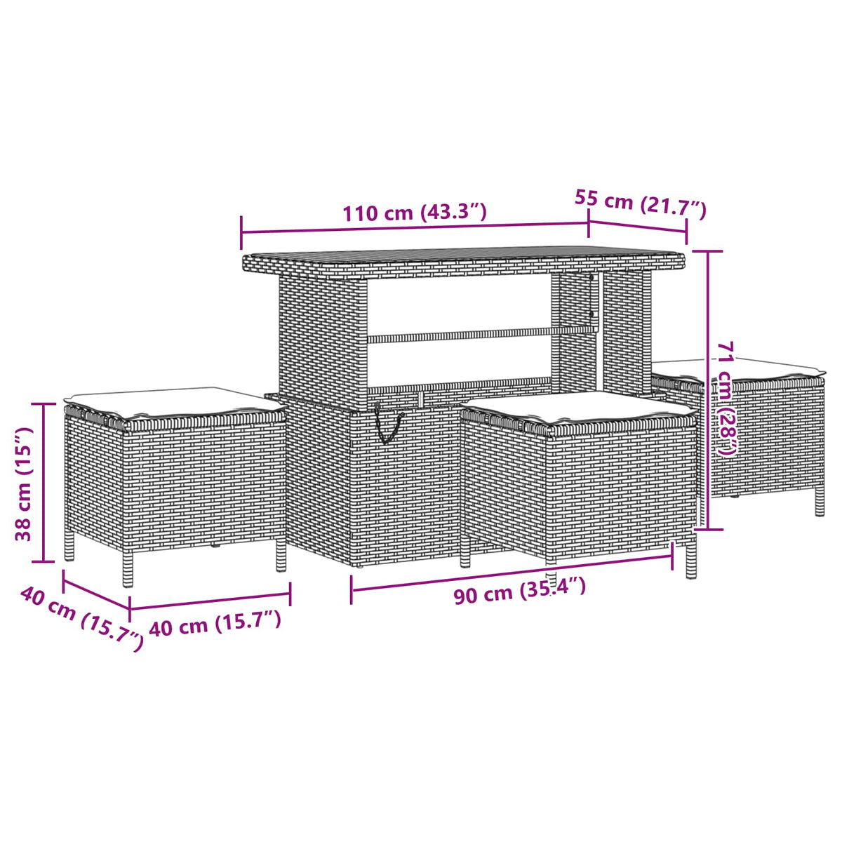 Sjedeća garnitura za vrt 9 kom. Crna poliratan 110 x 55 x 71 cm