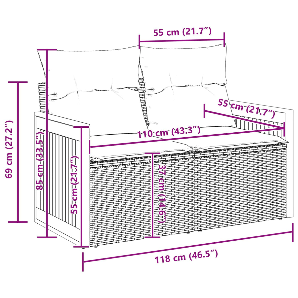 Sjedeća garnitura za vrt 9 kom. 8-Broj sjedala Crna 90 x 55 x 71 cm