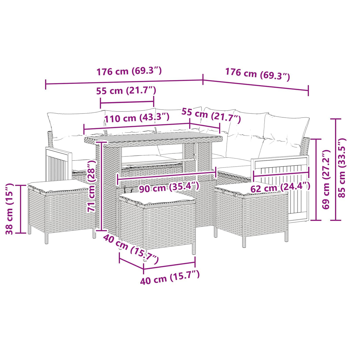 Sjedeća garnitura za vrt 9 kom. 9-Broj sjedala Crna 110 x 55 x 71 cm