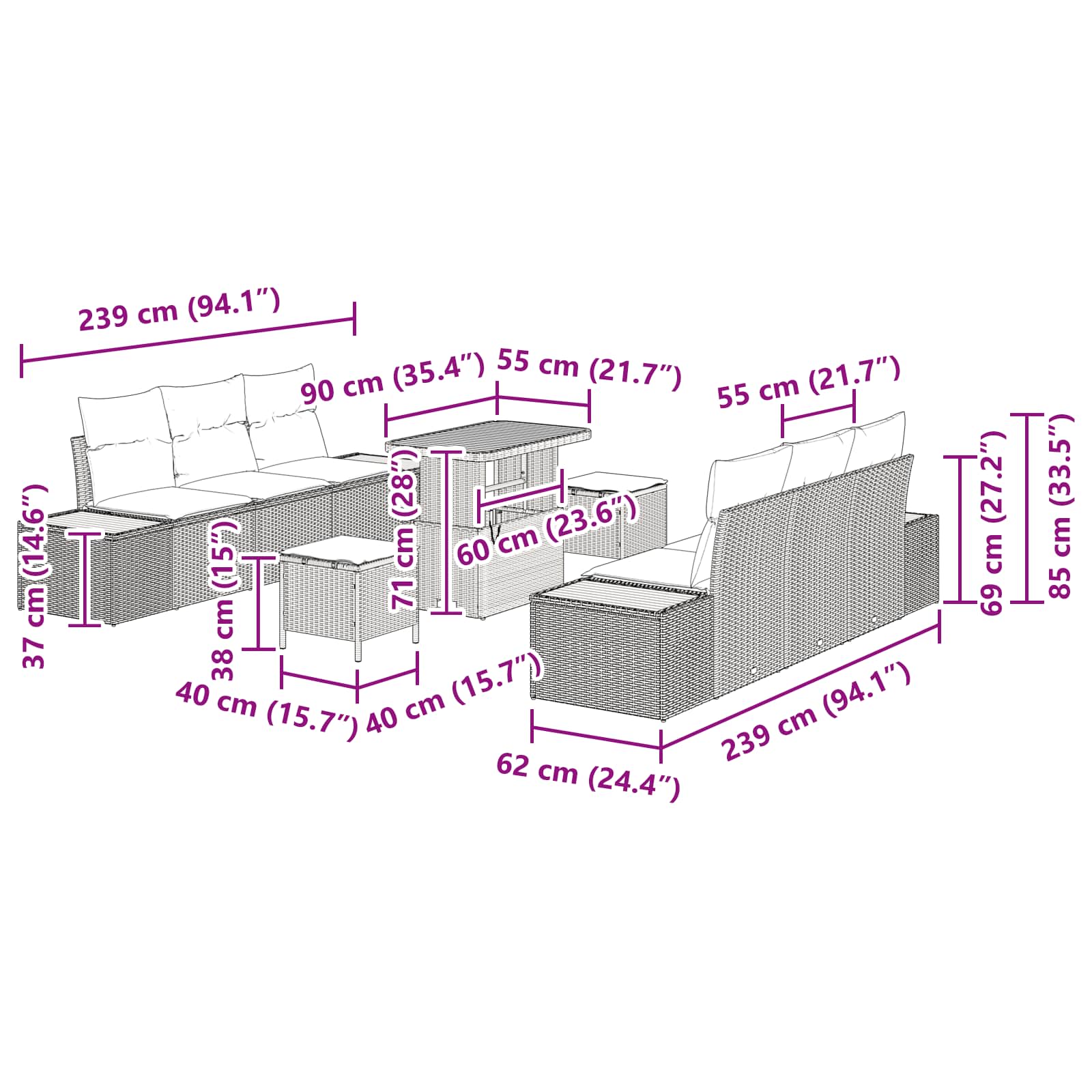 Sjedeća garnitura za vrt s jastukom 9 pcs Crna i Krema