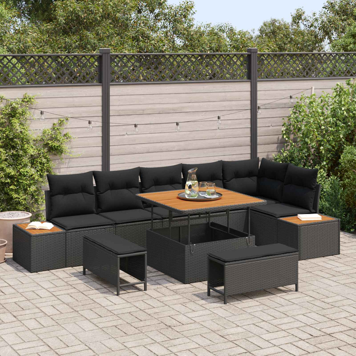 Sjedeća garnitura za vrt 9 kom. 8-Broj sjedala Crna 286 x 121 x 85 cm