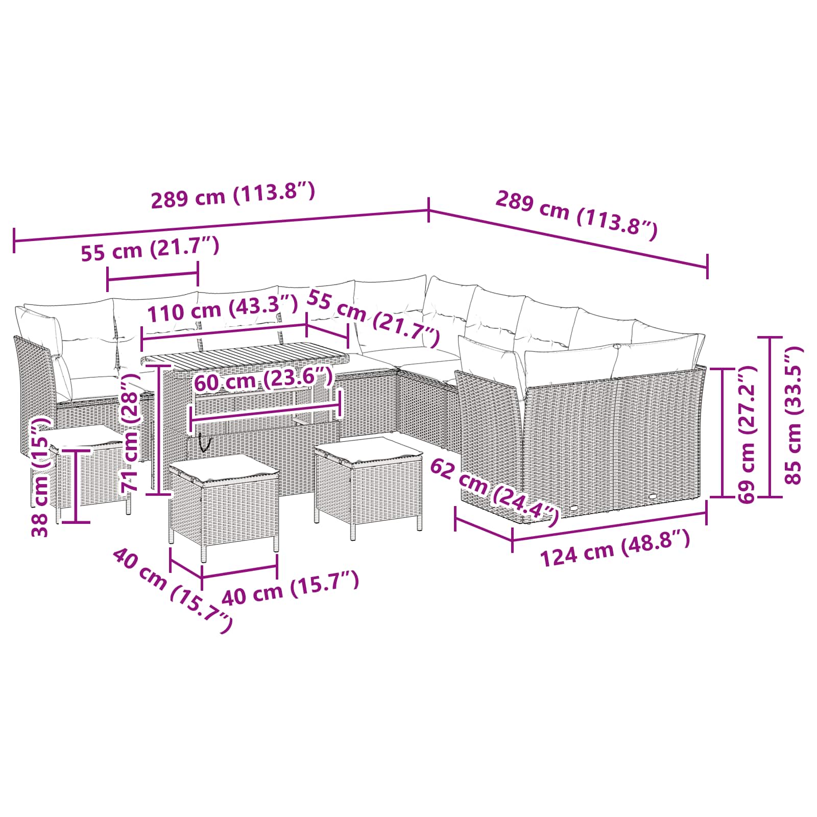 Sjedeća garnitura za vrt s jastukom 14 pcs Crna poliratan