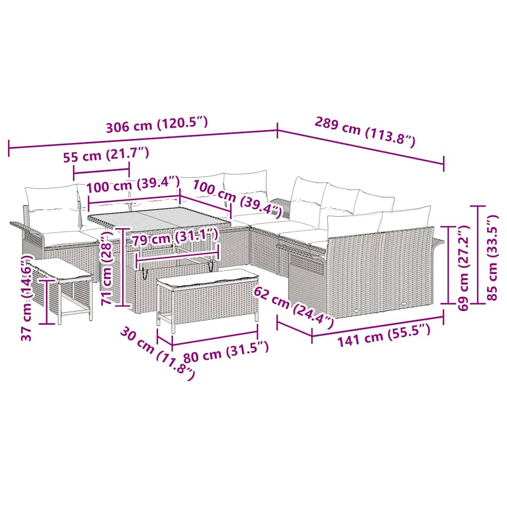 Sjedeća garnitura za vrt s jastukom s pohranom 13 pcs Crna