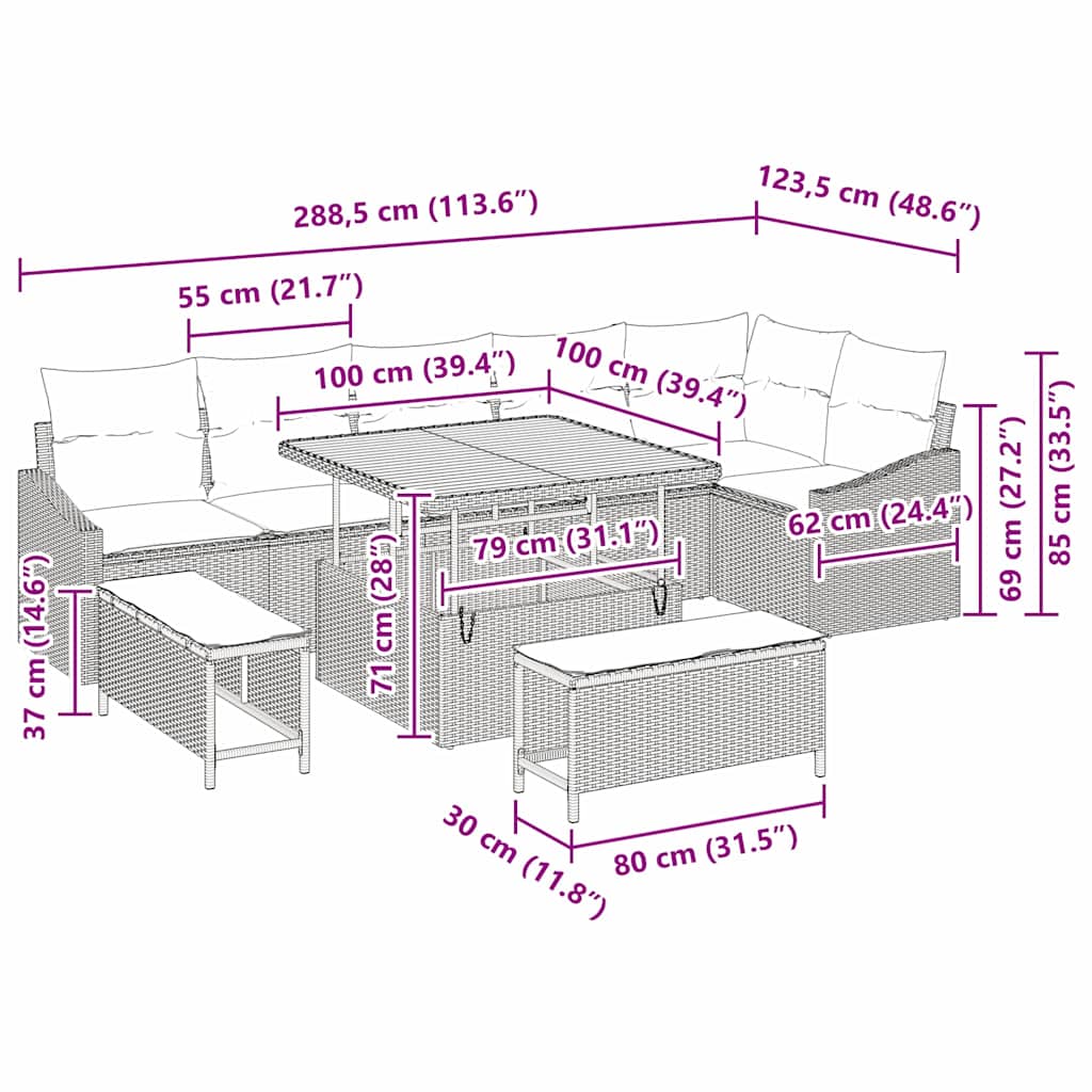 Sjedeća garnitura za vrt 9 kom. 7-Broj sjedala Crna Poli ratan 100 x 100 x 71 cm