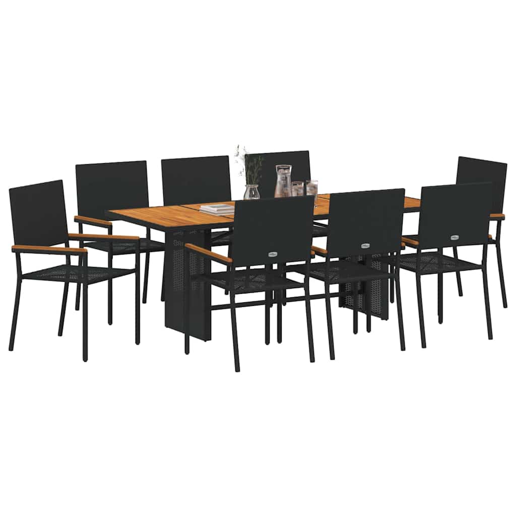 Vrtni set za objed 9 kom. Crna poliratan 190 x 80 x 75 cm
