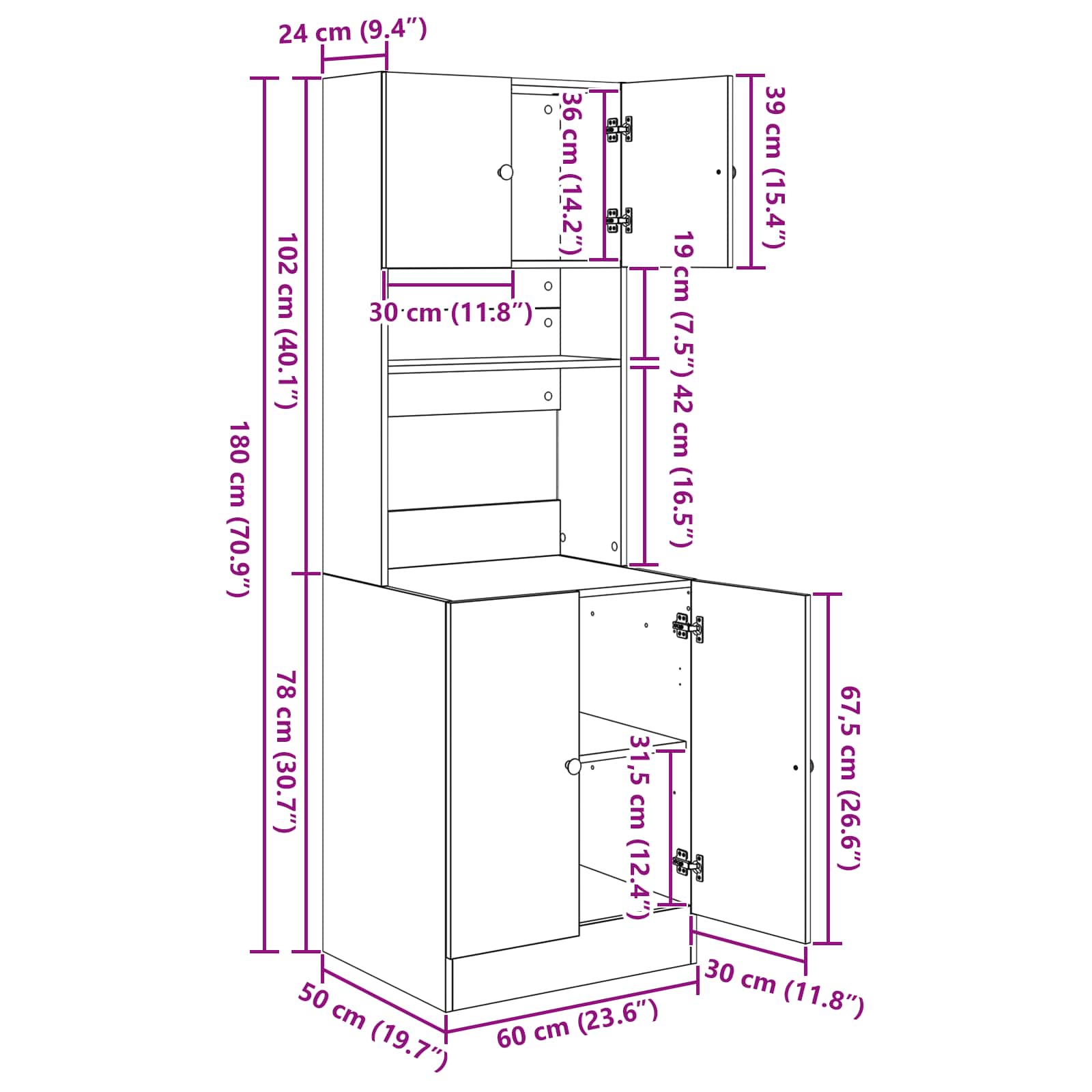 Kuhinjski bufet s policom 2 pcs Staro drvo 60 x 50 x 180 cm