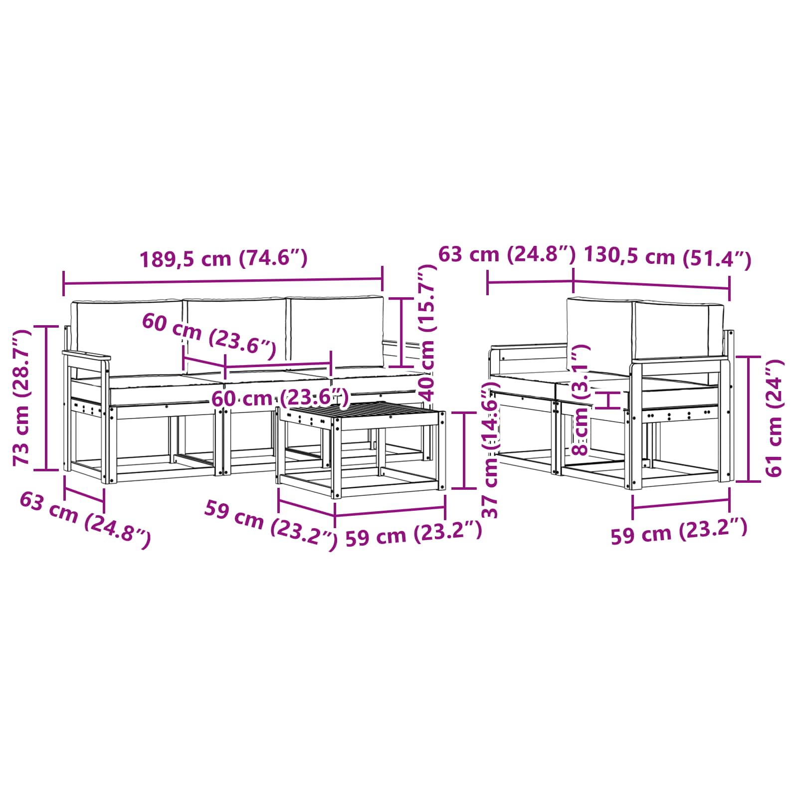Set vanjskih sofa s jastukom 6 pcs Prirodna i krem