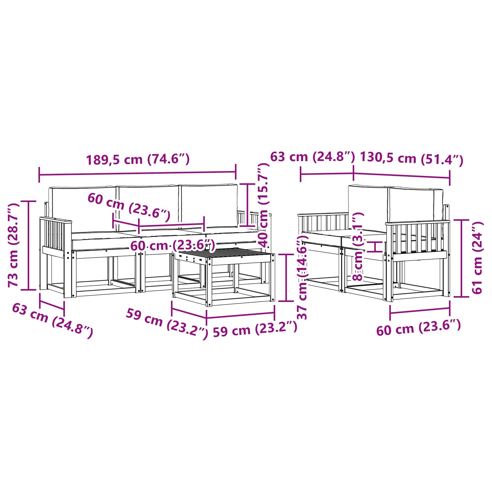 Set vanjskih sofa s jastukom 6 pcs Prirodna i krem