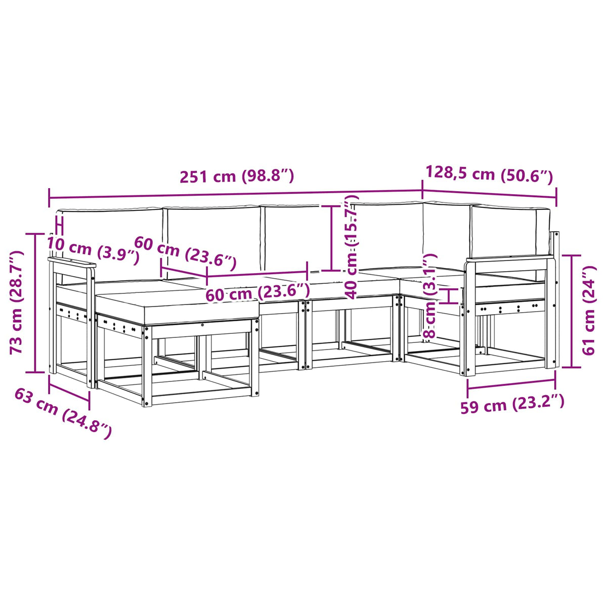Set vanjskih sofa 6 kom. Prirodna i antracit Smeđa 251 x 128,5 x 73 cm
