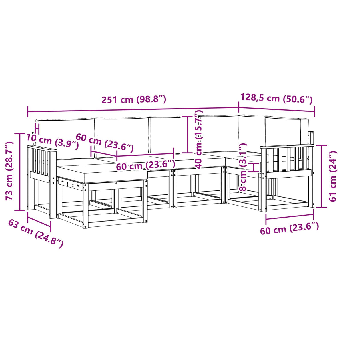 Set vanjskih sofa 6 kom. Prirodna i bež Smeđa 251 x 128,5 x 73 cm