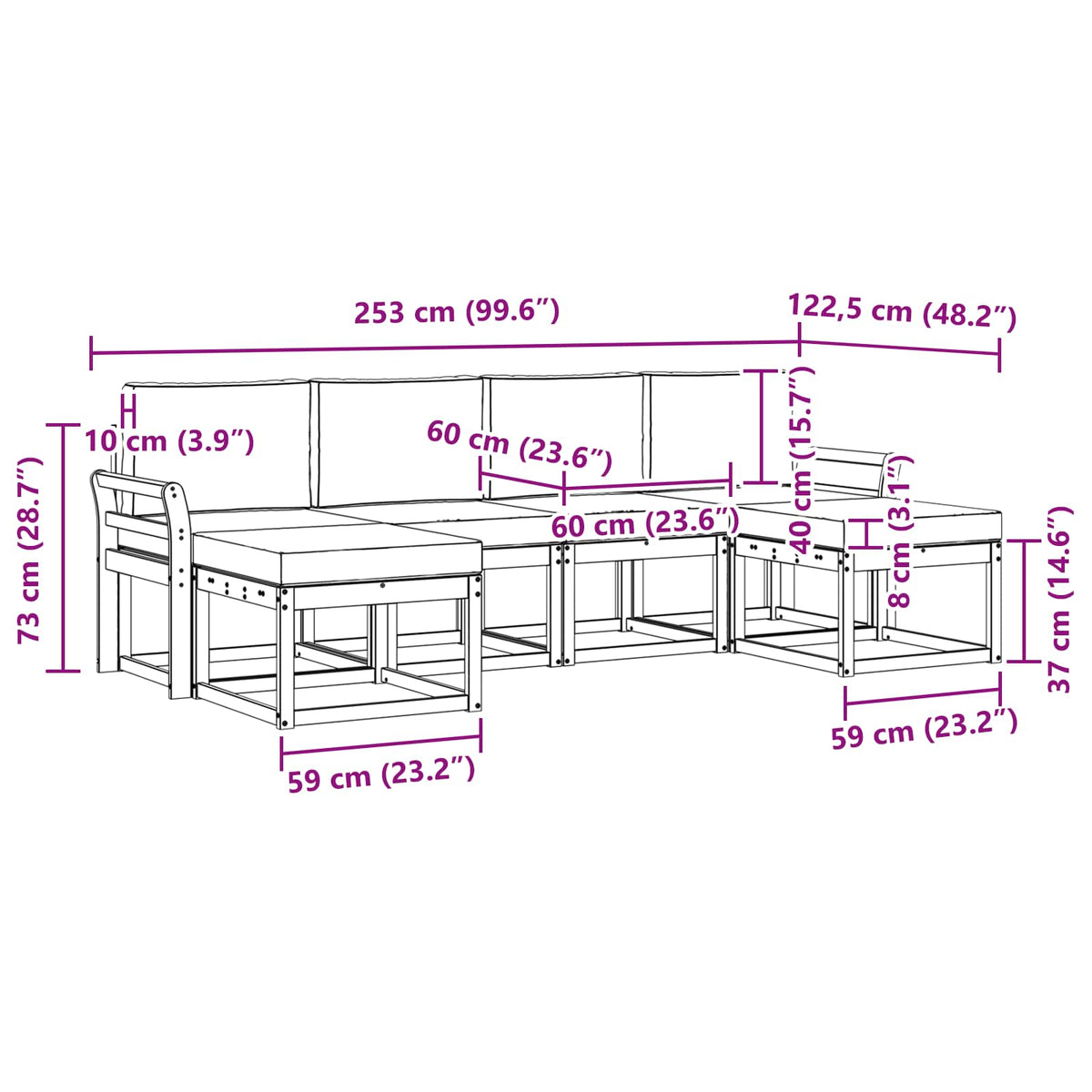 Set vanjskih sofa 6 kom. Prirodna i krem Smeđa 253 x 122,5 x 73 cm