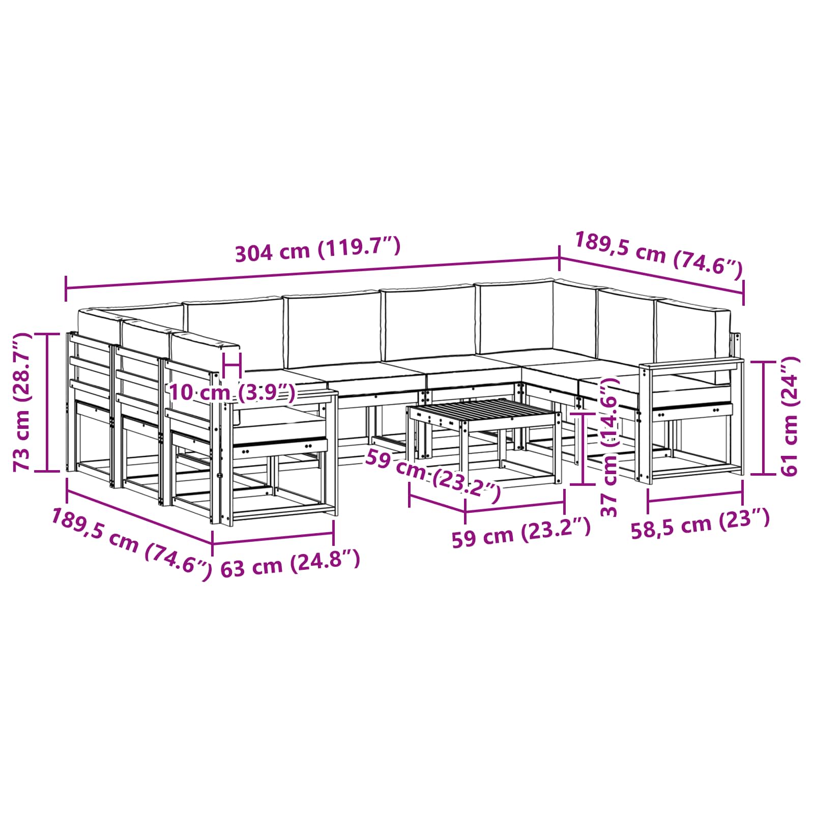 Set vanjskih sofa s jastukom 10 pcs Prirodna i svijetlo siva
