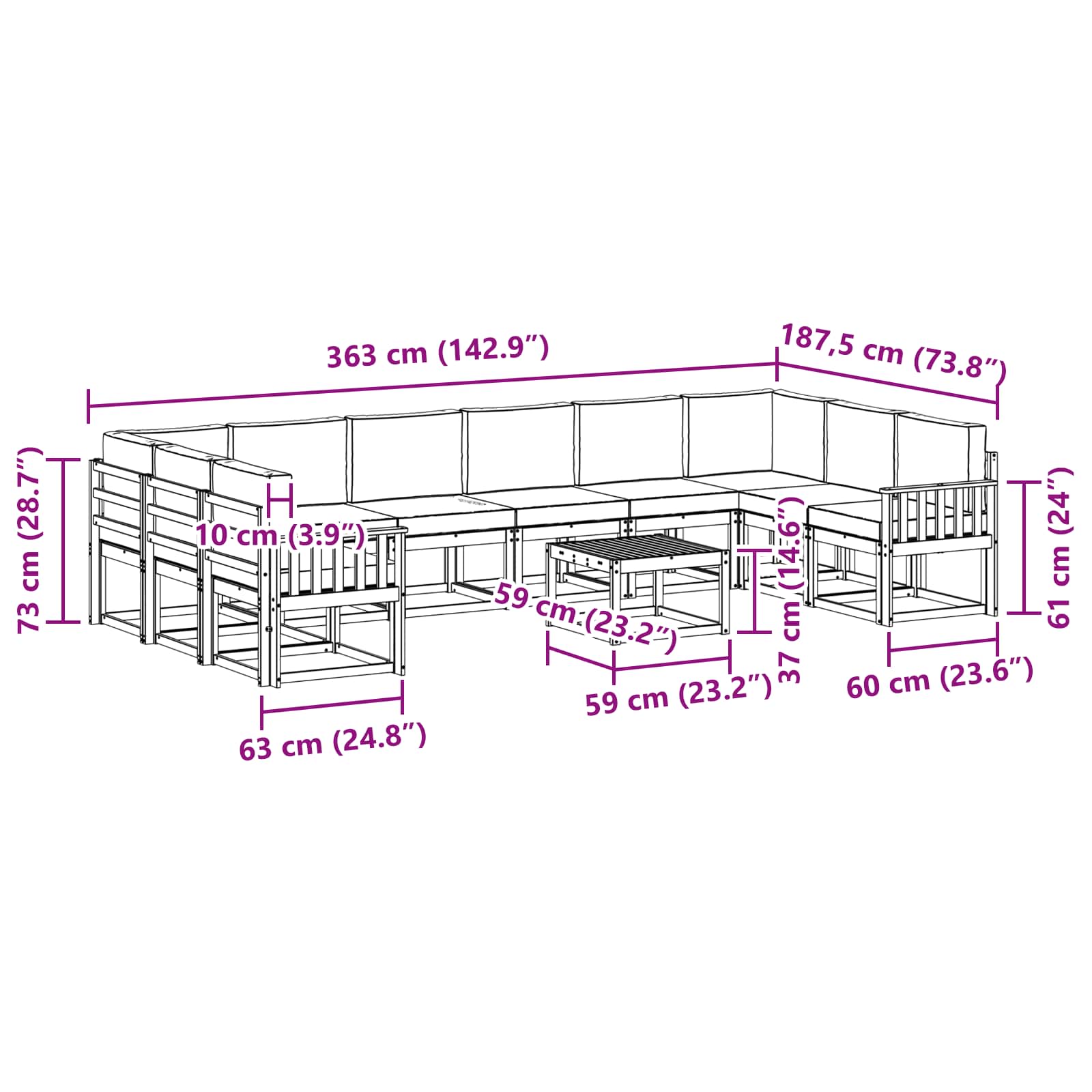Set vanjskih sofa s jastukom 11 pcs Prirodna i svijetlo siva