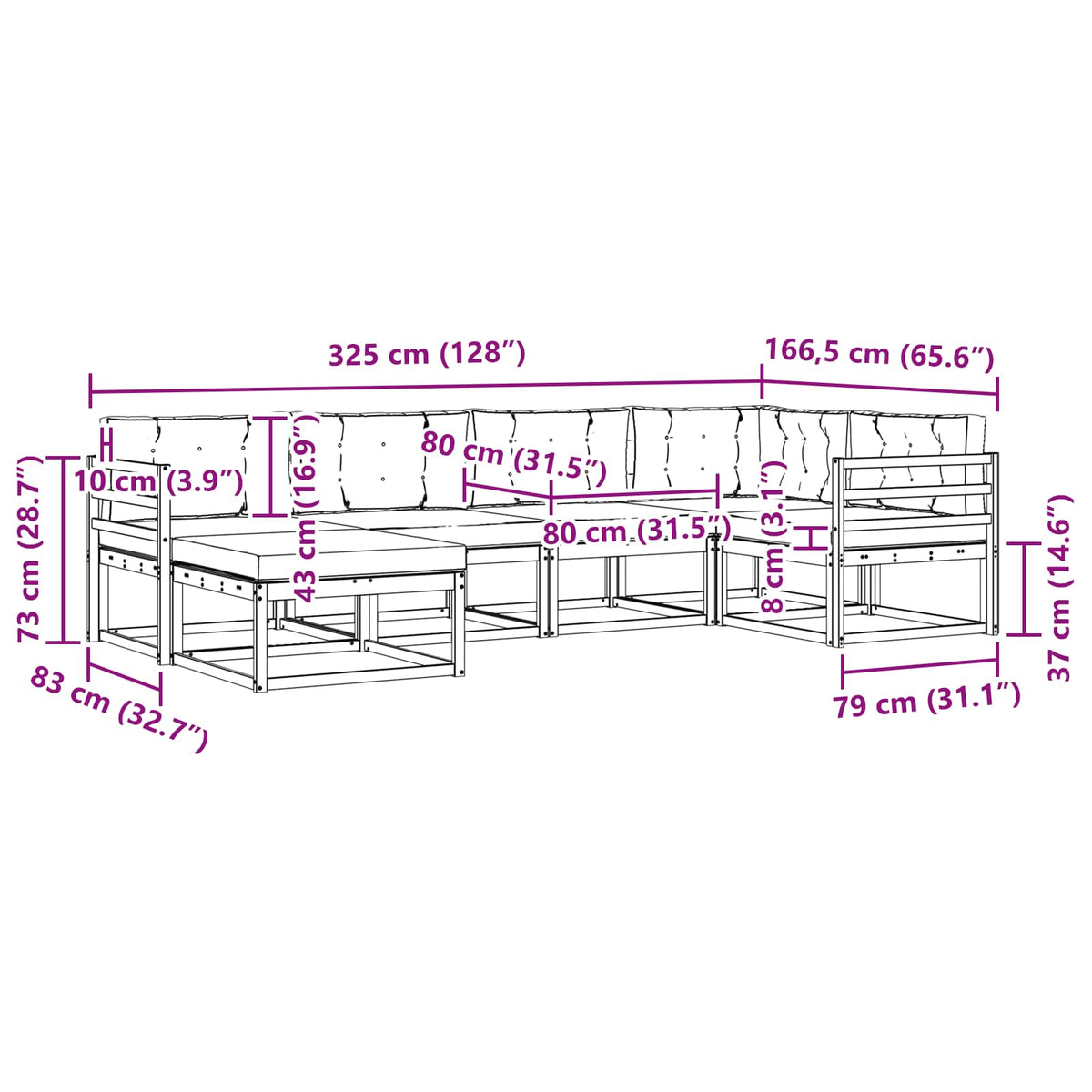 Set vanjskih sofa 6 kom. Prirodna i bež Smeđa 325 x 166,5 x 73 cm