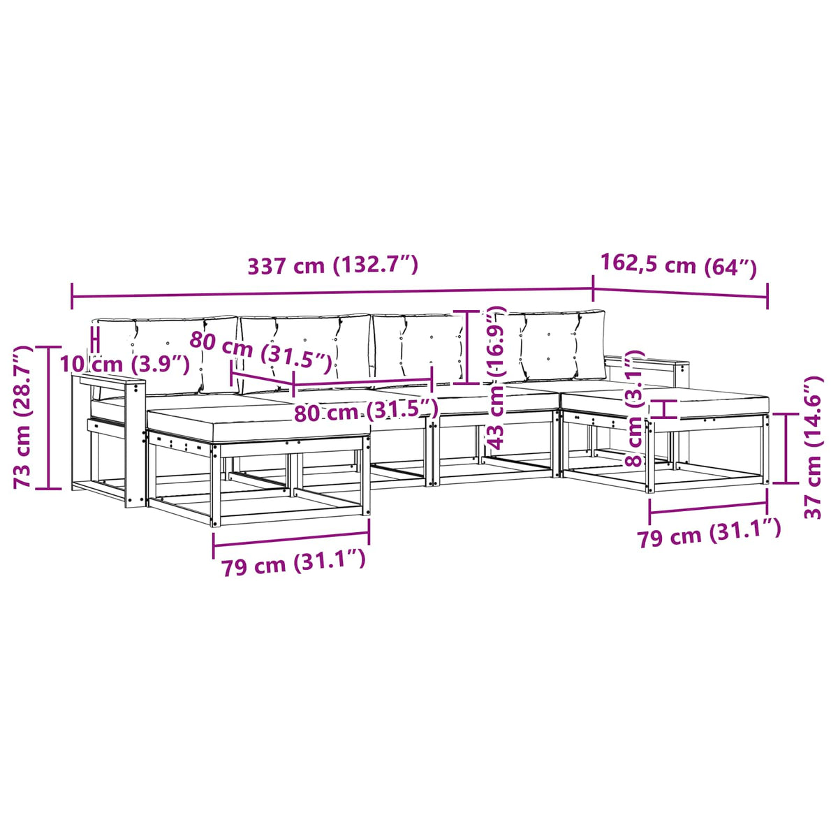 Set vanjskih sofa 6 kom. Prirodna i bež Smeđa 337 x 162,5 x 73 cm