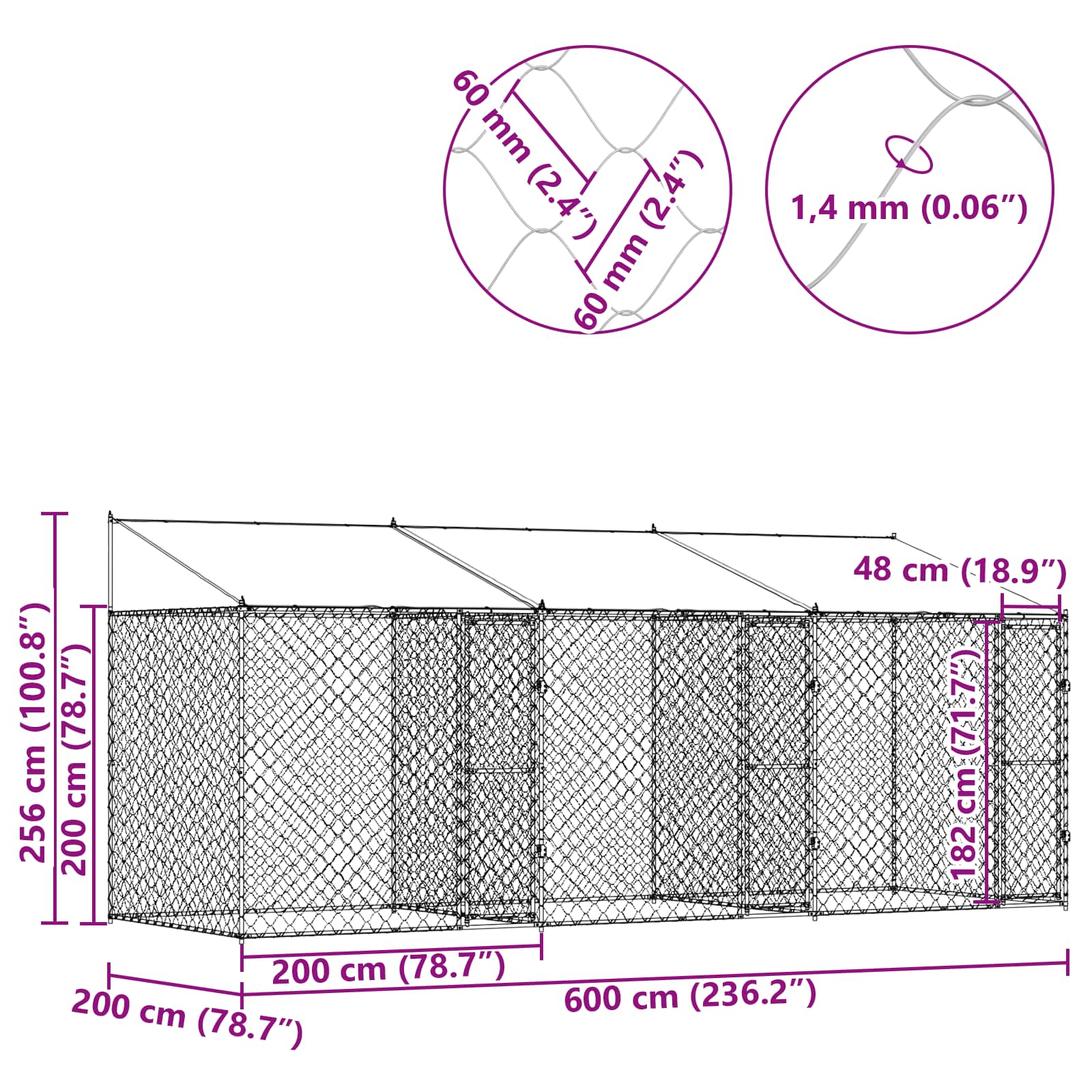 Kavez za psa s krovom Srebrno 600 x 200 x 256 cm Čelik i PE