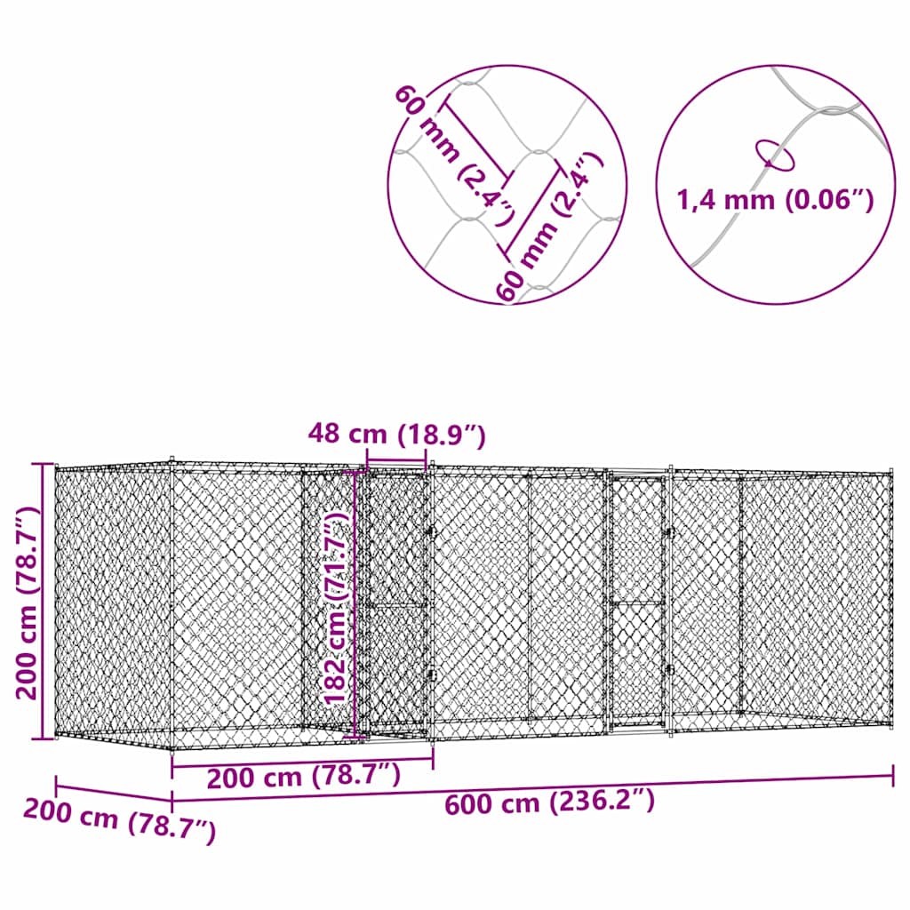 Kavez za pse Srebrno 600 x 200 x 200 cm Cinkani čelik