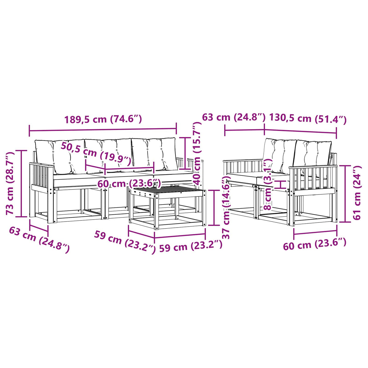 Set vanjskih sofa 6 kom. Prirodna i svijetlo siva