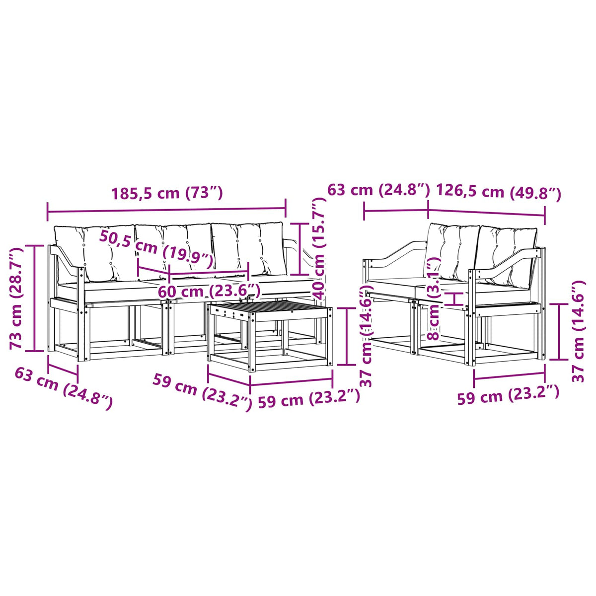 Set vanjskih sofa 6 kom. Prirodna i crna