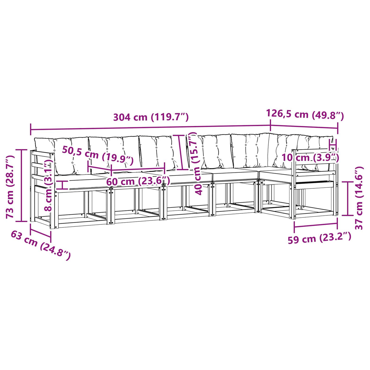 Set vanjskih sofa 6 kom. Prirodna i bež Smeđa 304 x 126,5 x 73 cm