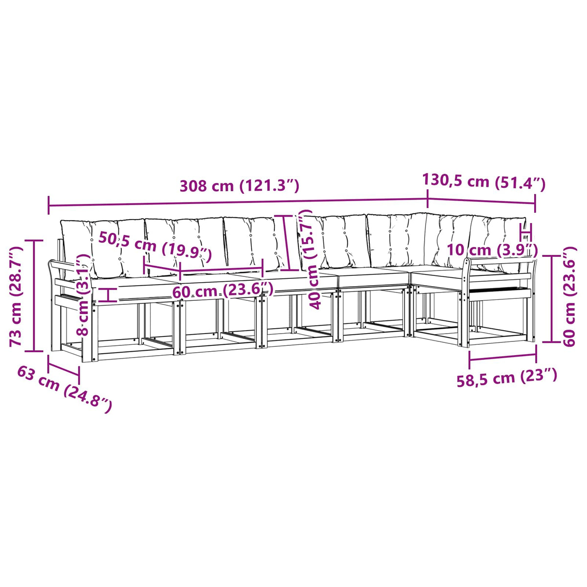 Set vanjskih sofa 6 kom. Prirodna i bež Smeđa 308 x 130,5 x 73 cm
