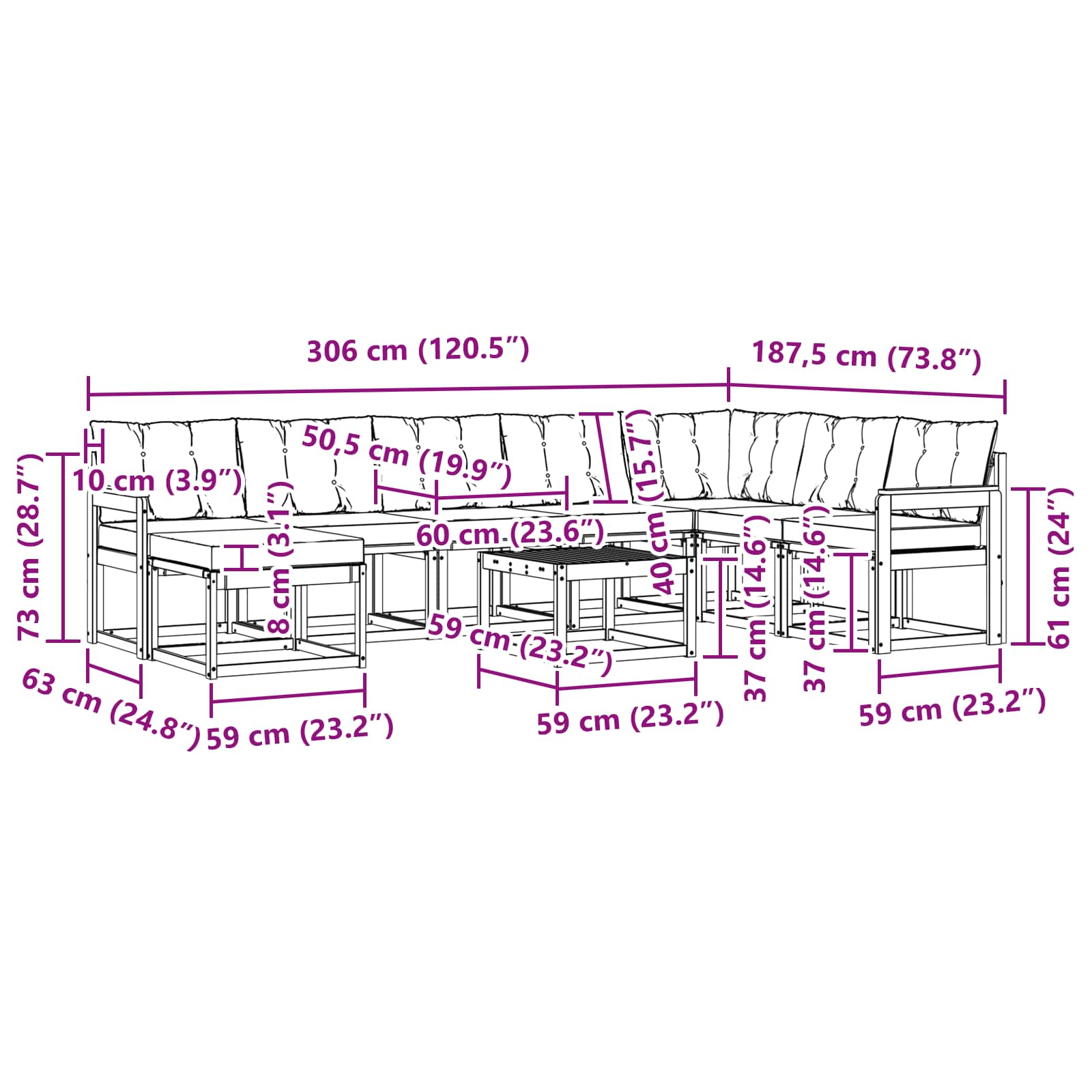 Set vanjskih sofa s jastukom 9 pcs Prirodna i crna