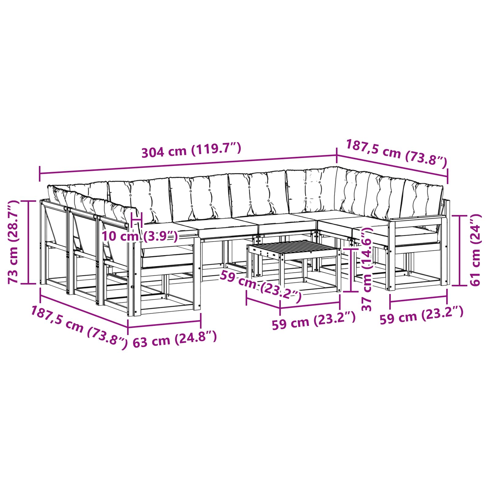 Set vanjskih sofa s jastukom 10 pcs Prirodna i svijetlo siva