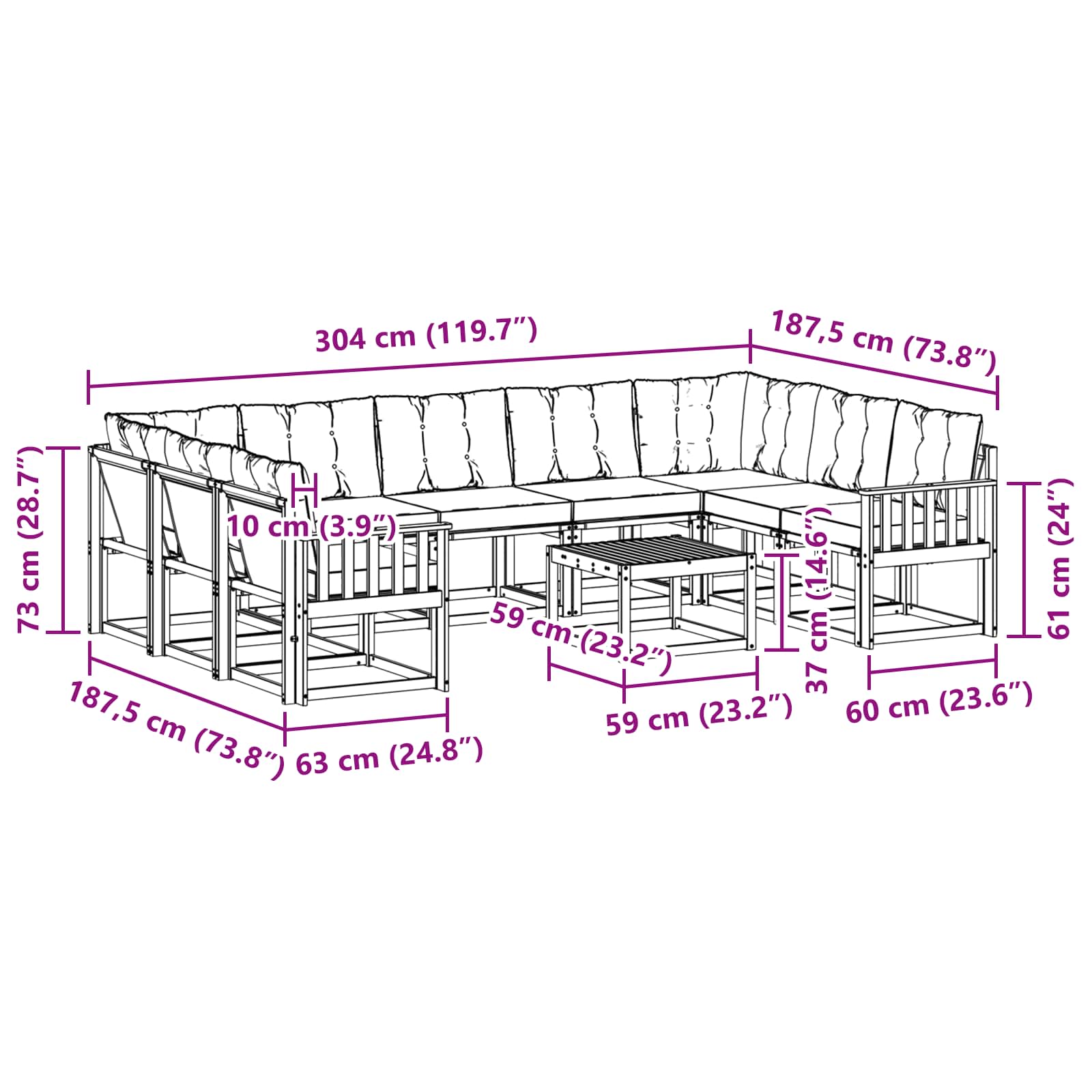 Set vanjskih sofa 10 pcs Prirodna i crna Čvrsto drvo akacije