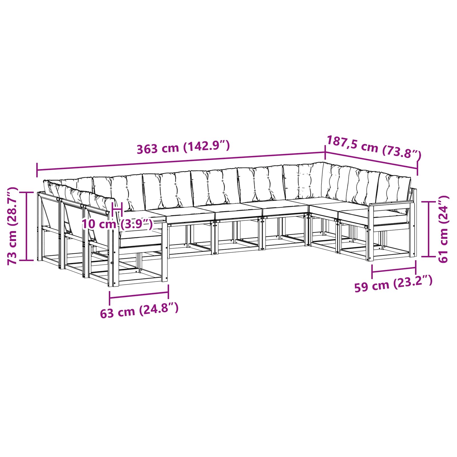 Set vanjskih sofa s jastukom 10 pcs Prirodna i crna