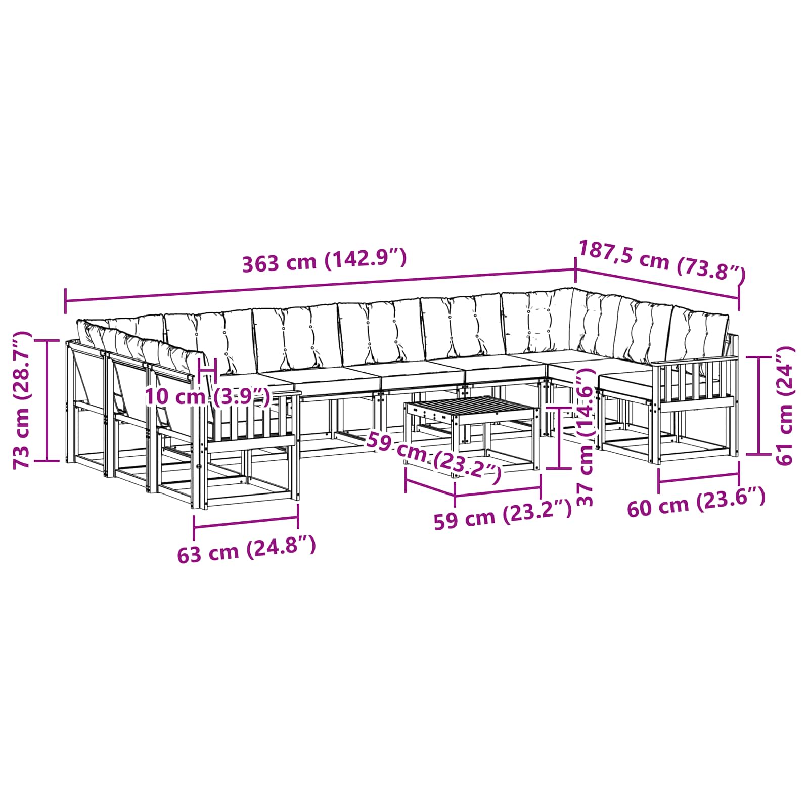 Set vanjskih sofa s jastukom 11 pcs Prirodna i svijetlo siva