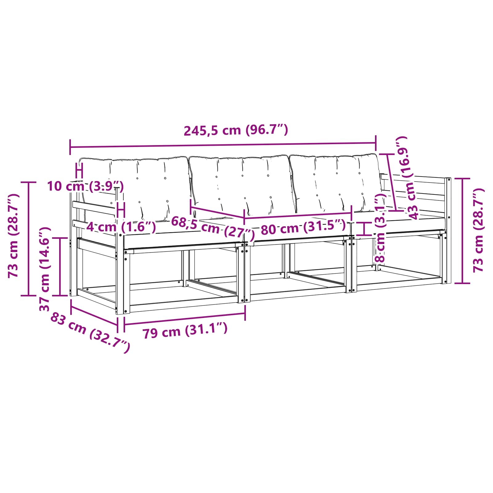 Set vanjskih sofa s jastukom 3 pcs Prirodna i crna