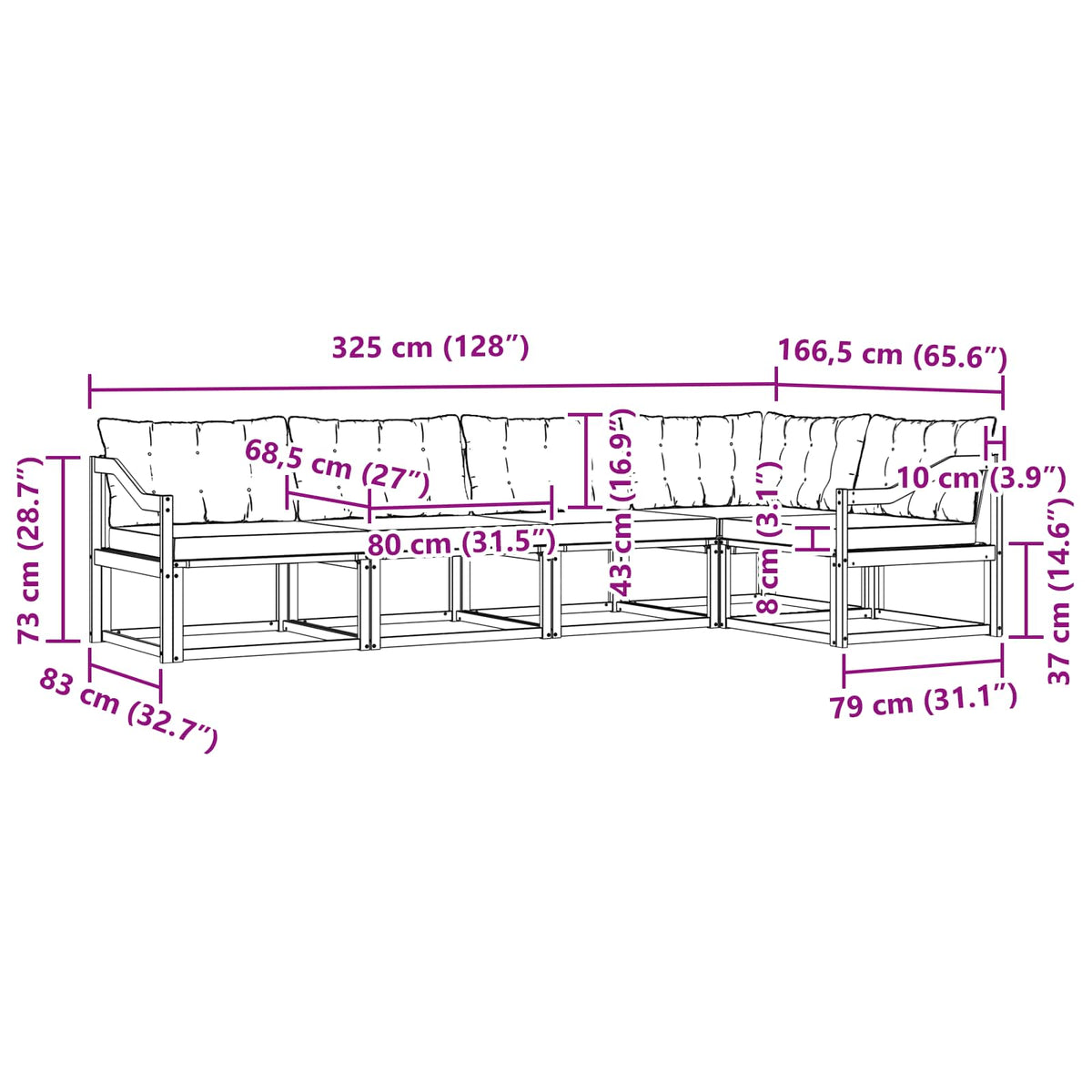 Set vanjskih sofa 5 kom. Prirodna i svijetlo siva Smeđa 325 x 166,5 x 73 cm