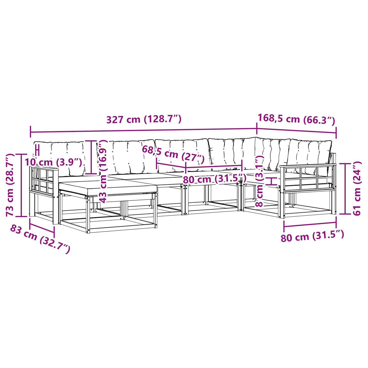 Set vanjskih sofa 6 kom. Prirodna i crna Čvrsto drvo akacije