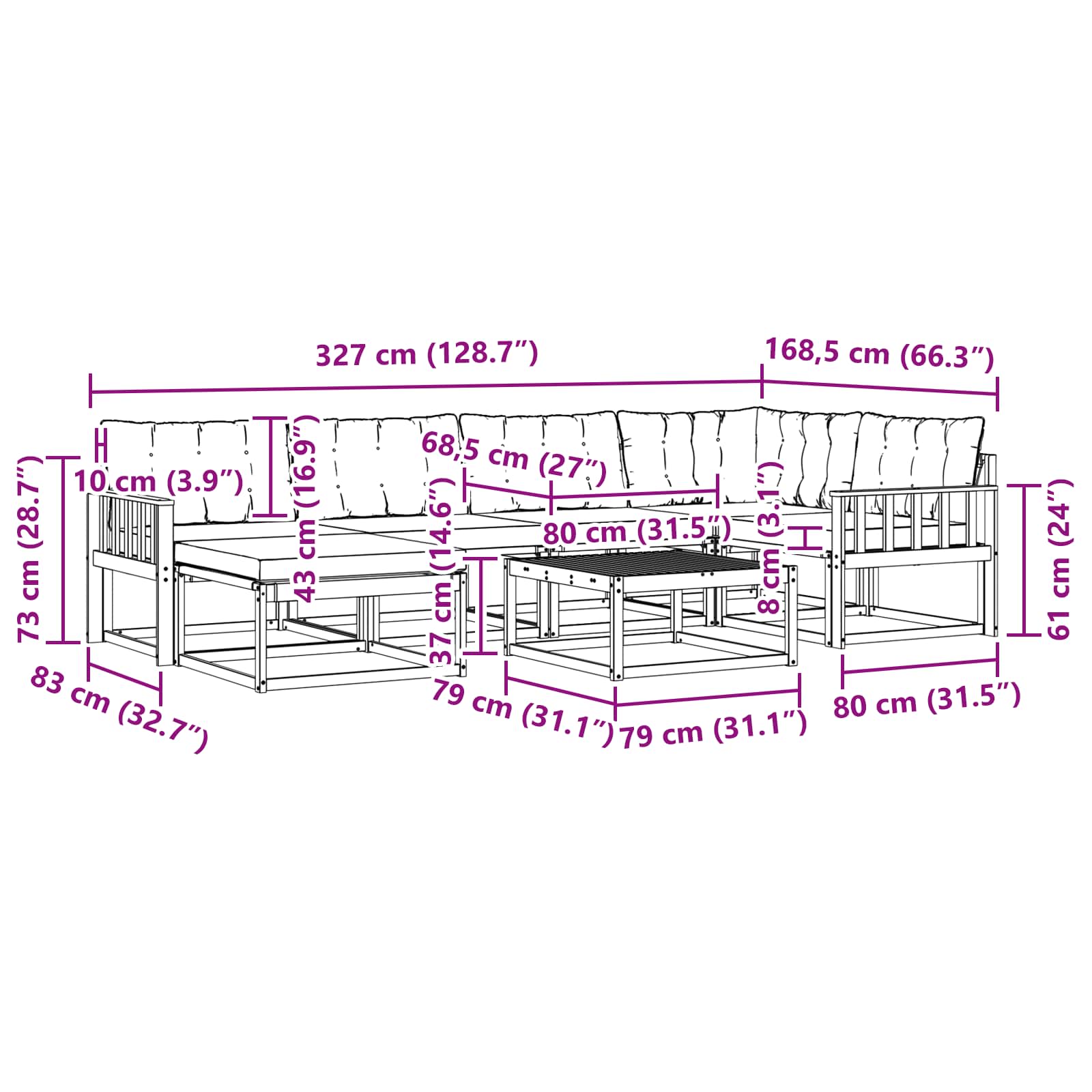 Set vanjskih sofa 19 pcs Prirodna i krem Čvrsto drvo akacije
