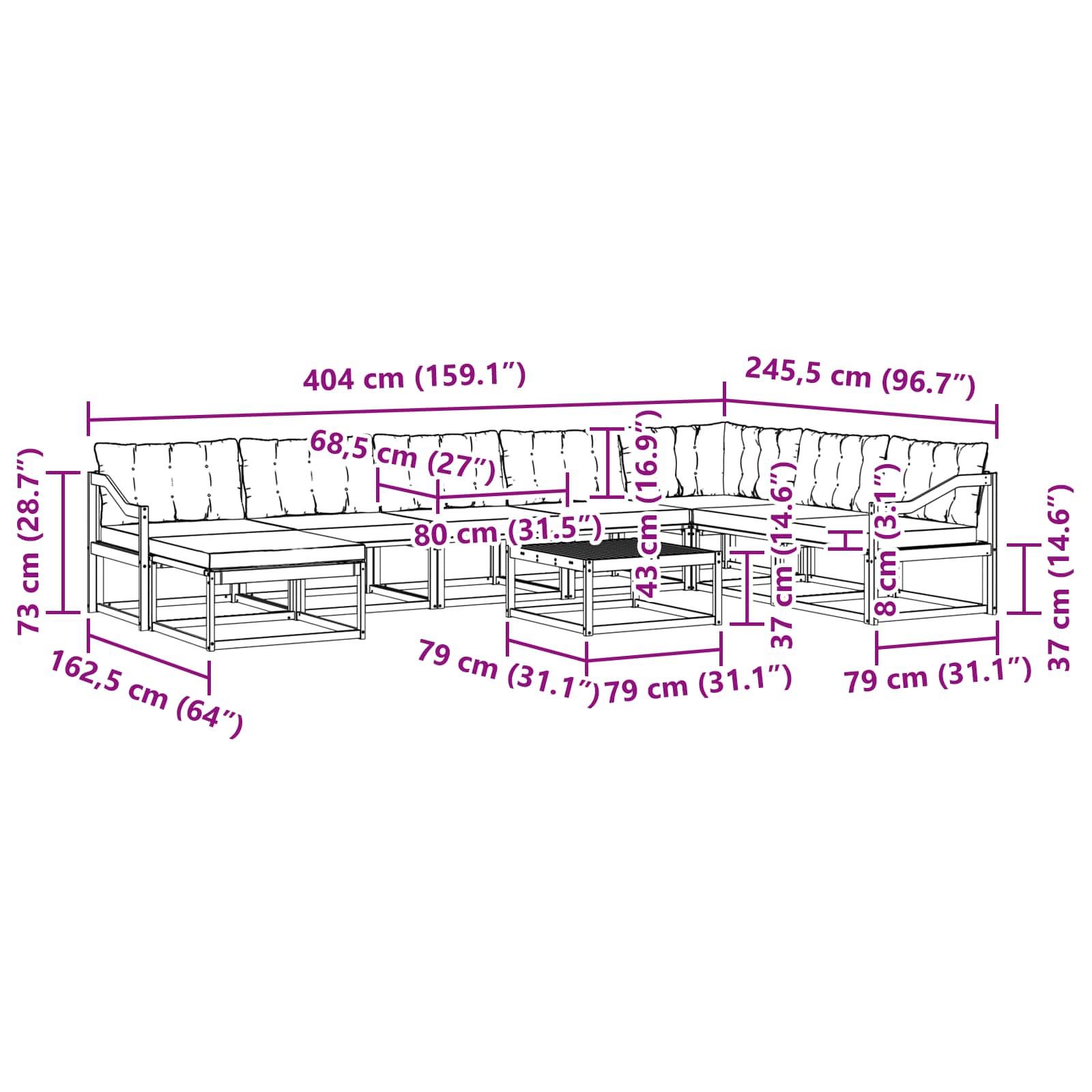 Set vanjskih sofa 9 pcs Prirodna i crna Čvrsto drvo akacije