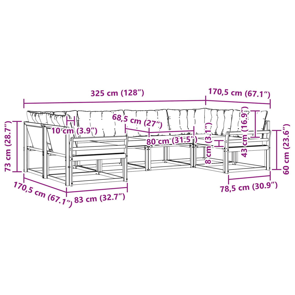 Set vanjskih sofa 6 kom. Prirodna i bež Smeđa 325 x 170,5 x 73 cm