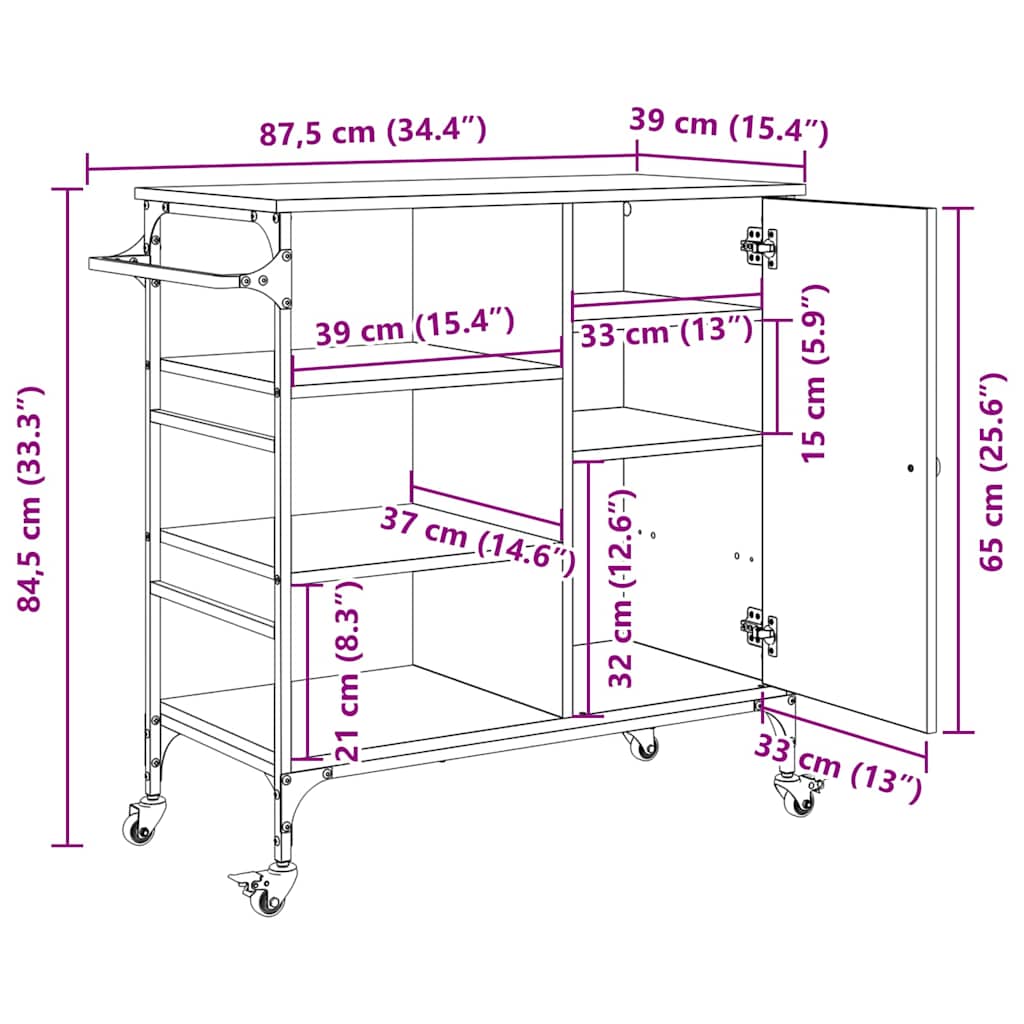 Kuhinjski kolica Crni hrast 87.5 x 39 x 84.5 cm
