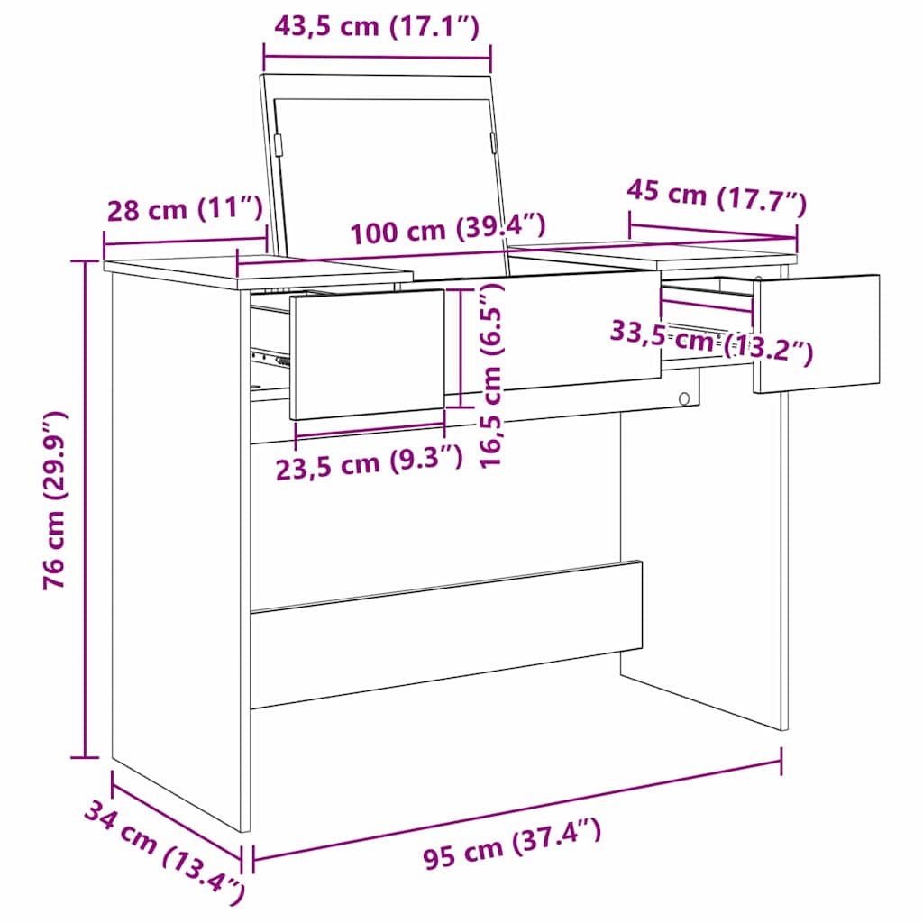 Kozmetički stol s ladicama Staro drvo 100 x 45 x 76 cm