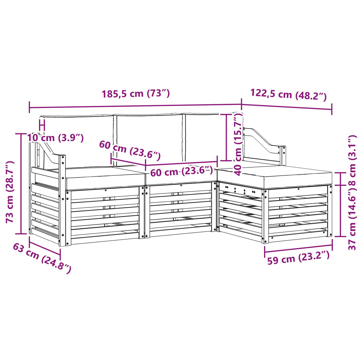 Set vanjskih sofa 4 kom. Prirodna i svijetlo siva Bijela 185,5 x 122,5 x 73 cm