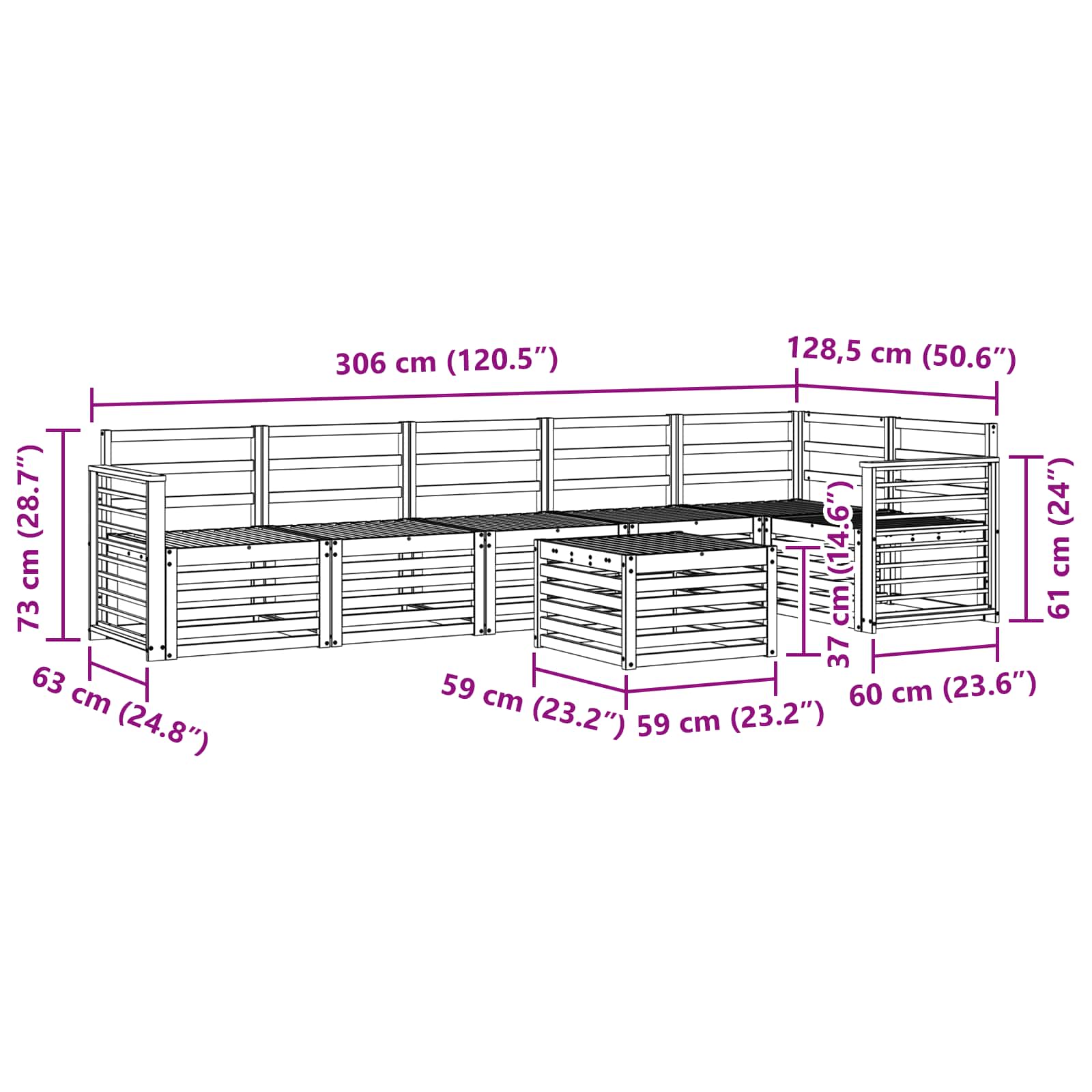 Sekcijska garnitura 7 pcs Prirodna Čvrsto drvo akacije