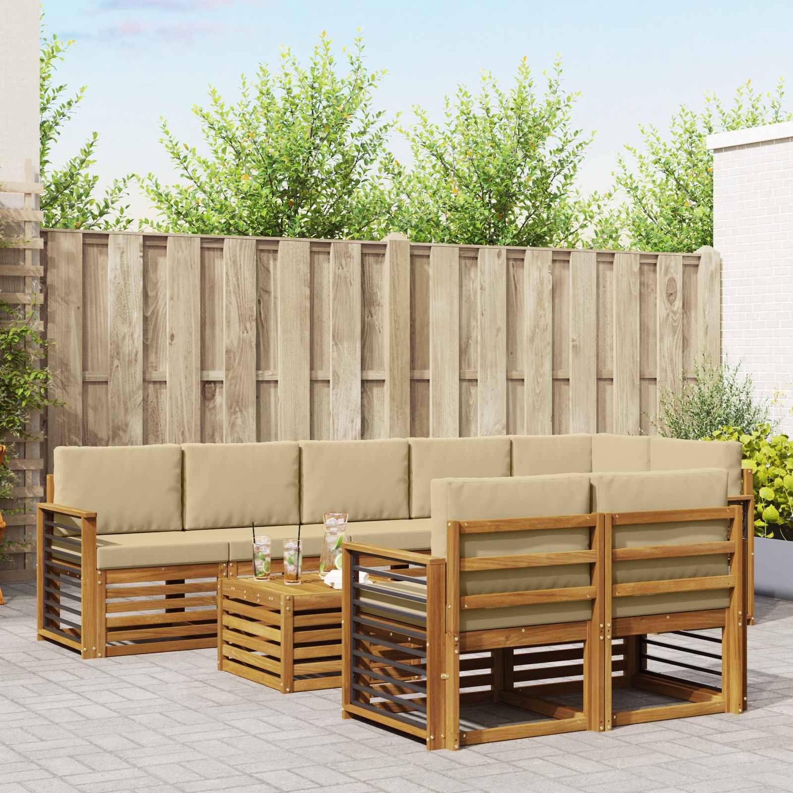 Setovi sofa s jastukom 9 pcs Prirodna i bež Čvrsto drvo akacije