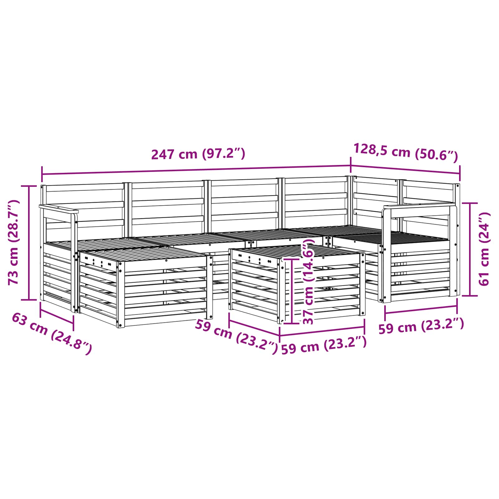 Sekcijska garnitura 7 pcs Prirodna Čvrsto drvo akacije