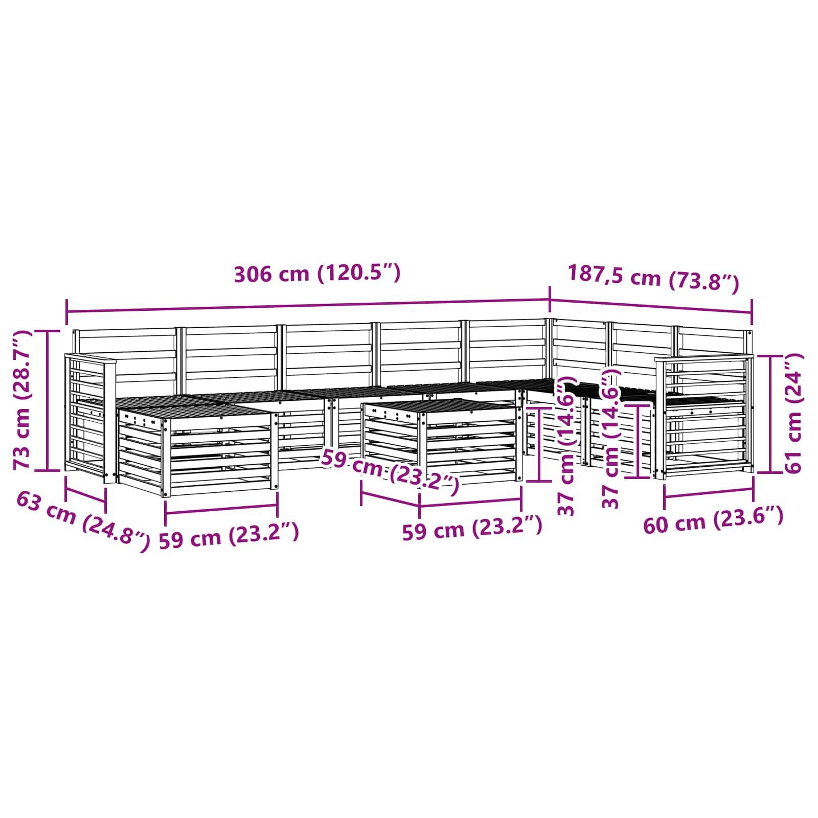 Sekcijska garnitura 9 pcs Prirodna Čvrsto drvo akacije