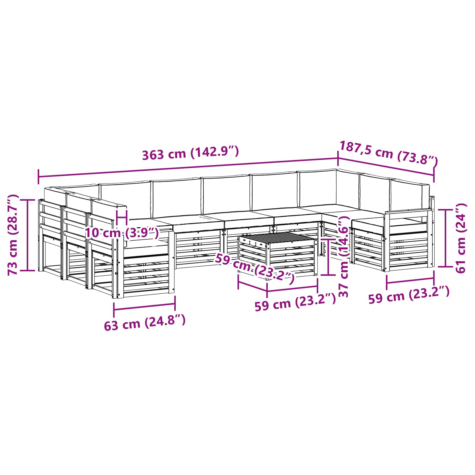 Set vanjskih sofa s jastukom 11 pcs Prirodna i svijetlo siva