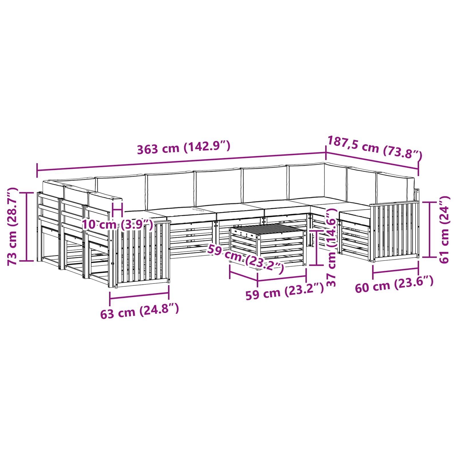Set vanjskih sofa 11 pcs Prirodna i krem Čvrsto drvo akacije