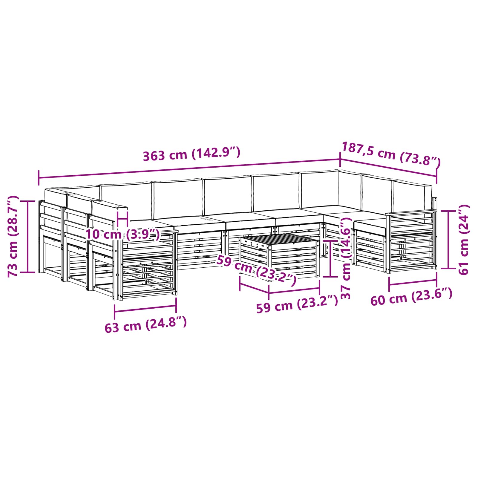 Set vanjskih sofa 11 pcs Prirodna i krem Čvrsto drvo akacije