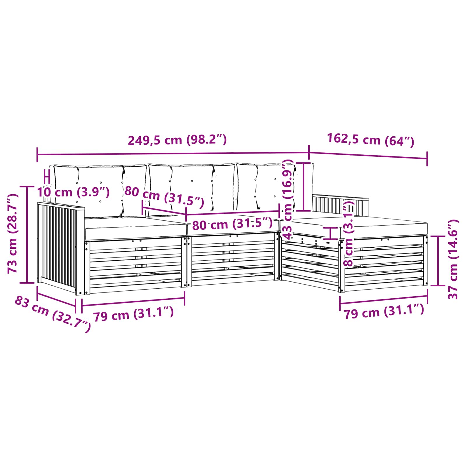 Set vanjskih sofa Prirodna i krem 249,5 x 162,5 x 73 cm