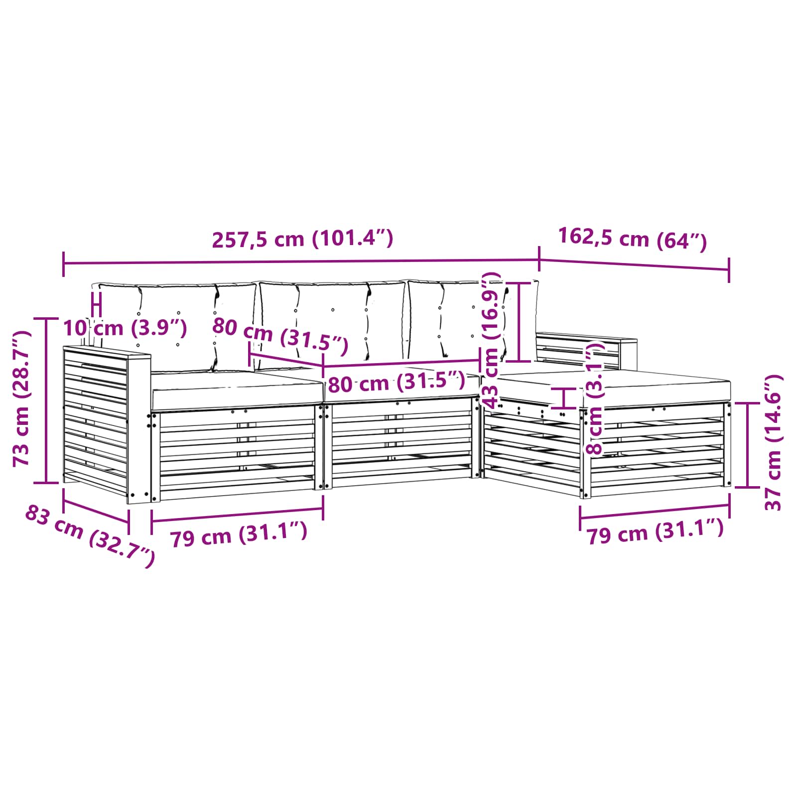 Set vanjskih sofa Prirodna i krem 257,5 x 162,5 x 73 cm